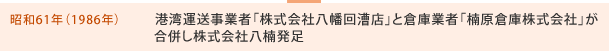 昭和61年 港湾運送事業者「株式会社八幡回漕店」と倉庫業者「楠原倉庫株式会社」が合併し株式会社八楠発足